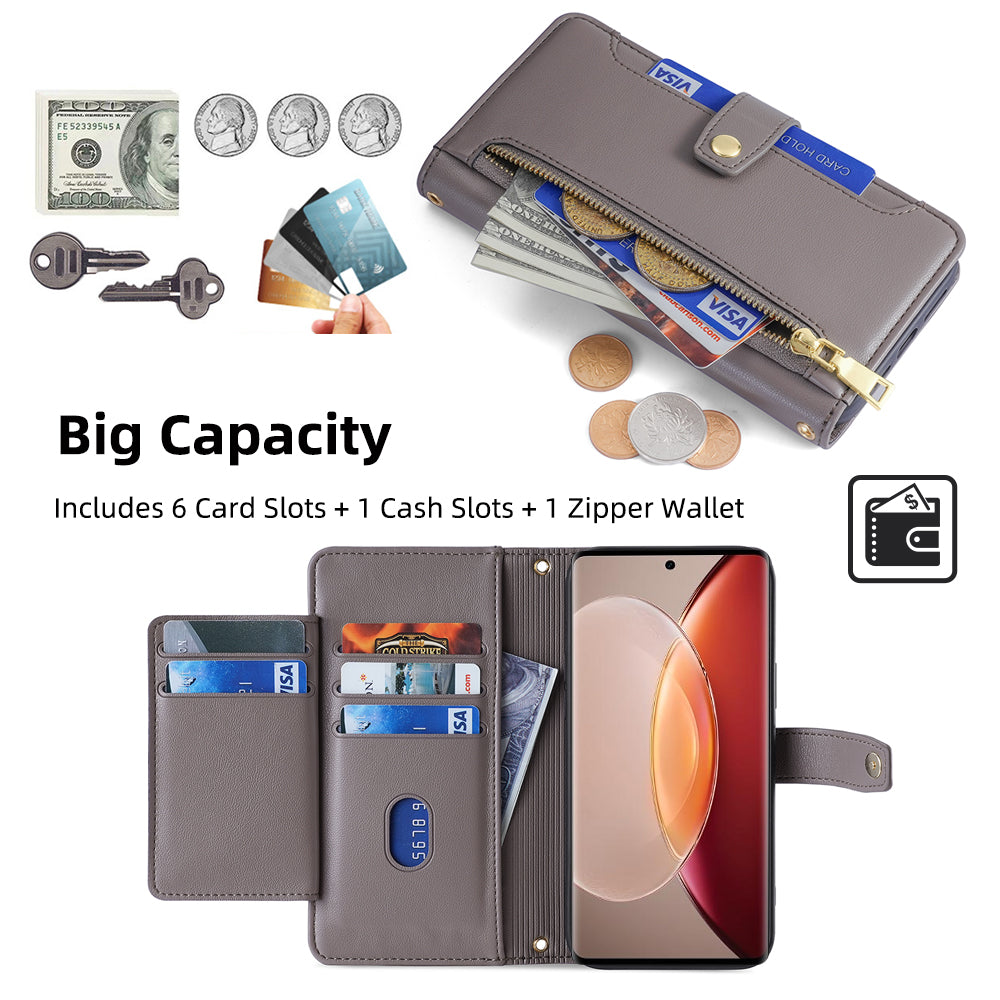 For vivo X90 Pro 5G Zipper Pocket Drop Resistant PU Leather Stand Case Card Slots Flip Phone Cover with Wrist Strap and Shoulder Strap For vivo X90 Pro 5G Zipper Pocket Drop Resistant PU Leather Stand Case Card Slots Flip Phone Cover with Wrist Strap and Shoulder Strap